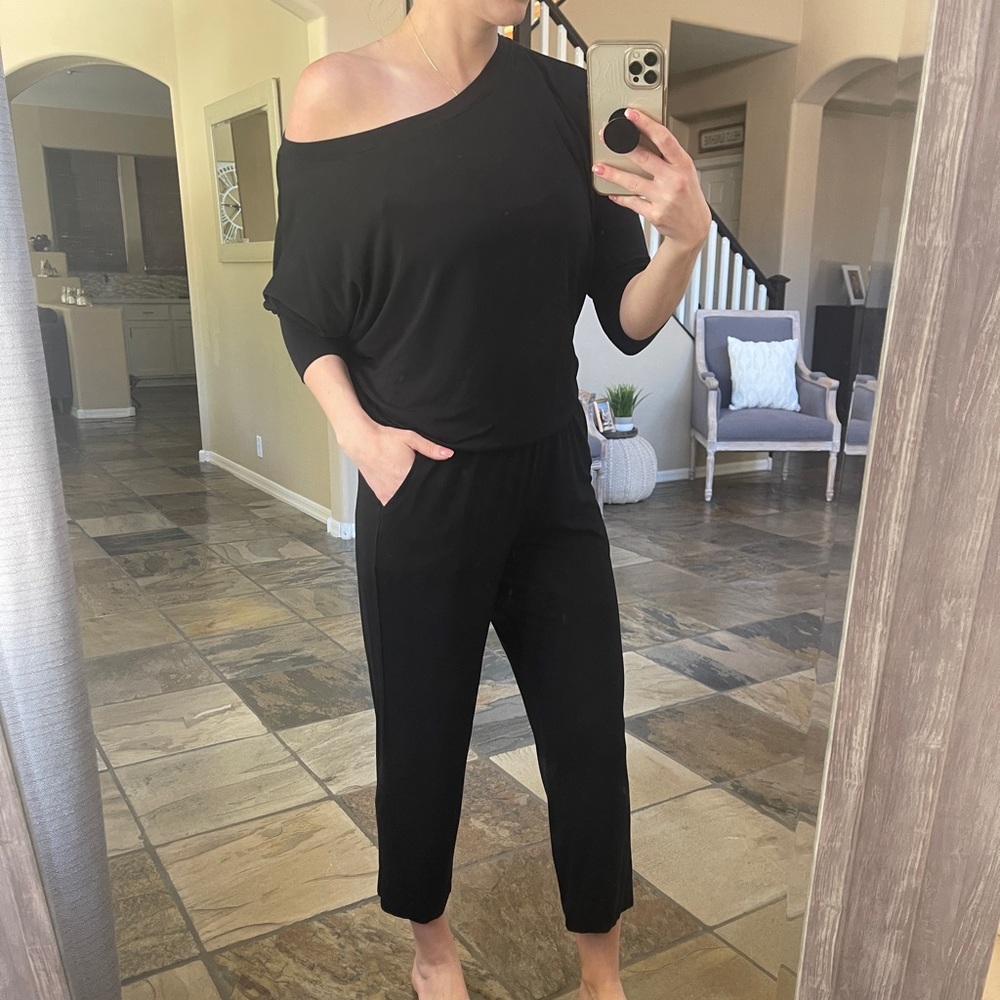 Michael stars black jersey off shoulder jumpsuit size small
